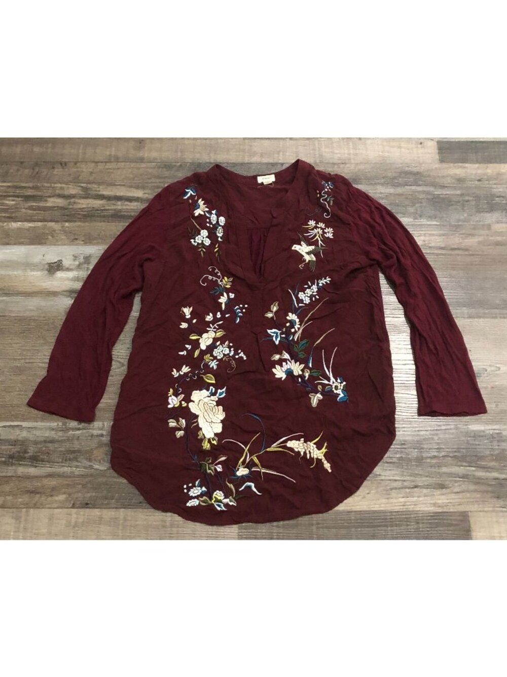 Tiny Womens Small Bohemian Style Blouse Maroon Burgundy Embroidered